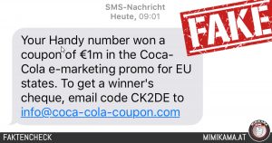 Bei dieser “Coca-Cola”-SMS handelt es sich um Betrug