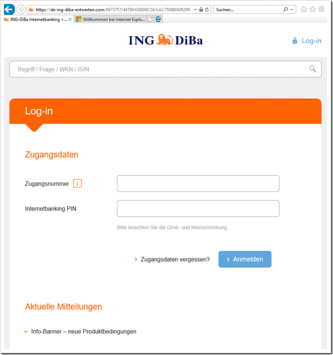 Würde man der E-Mail seinen Glauben schenken, dann landet man auf einer gefälschten INDGiBa-Webseite mit einem Login-Formular, welches so aussieht: