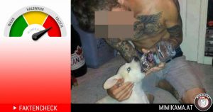 Facebook: Uitleg bij de foto, waarop een jonge man ZOGENAAMD een puppy dwingt, om wodka te drinken