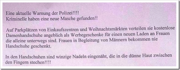 Schreenshot der Falschmeldung: Die Nadel im Damenhandschuh