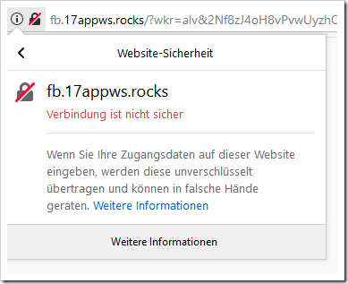 Screenshot: Der Webbrowser warnt vor der Eingabe der Zugangsdaten.