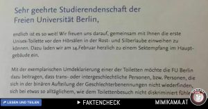 FU Berlin lud zum Sektempfang zur Feier der ersten Unisex-Toilette an der Uni?