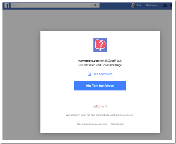 Screenshot: Apps bekommen Zugriff auf das öffentliche Facebookprofil