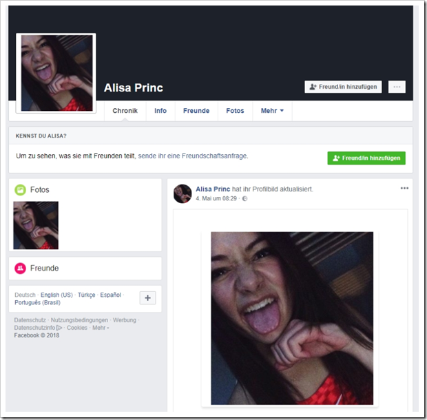Das Fake-Profil auf Facebook von “Alisa Princ”