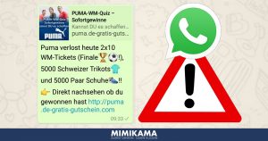 WhatsApp: “Puma verlost heute 2×10 WM-Tickets”