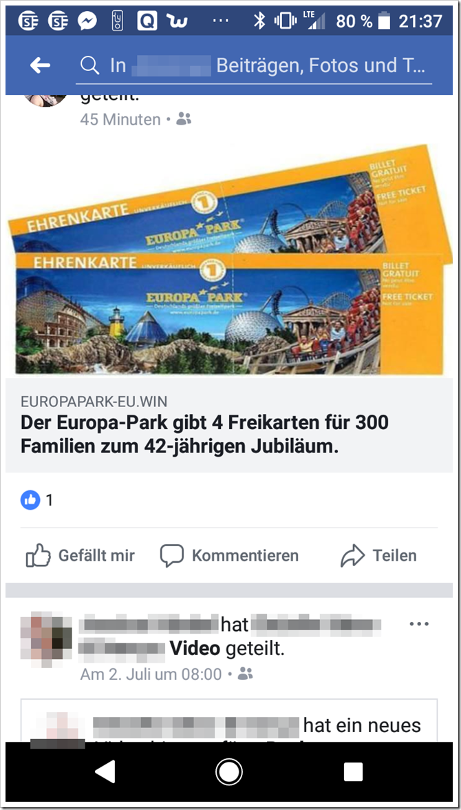 Momentan im Umlauf: Fake-Gewinnspiel, das mit Freikarten für den Europa Park lockt. / Screenshot by mimikama.org