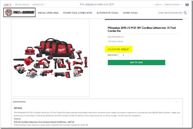 Betrügerischer Fake-Shop "Tools & Hardware" - Preisreduktion von unglaublichen 1.545,86 Euro! / Screenshot by mimikama.org