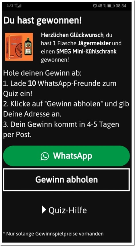 So wird die virale WhatsApp-Welle generiert: "Lade 10 Freunde zum Quiz ein" / Screenshot by mimikama.org