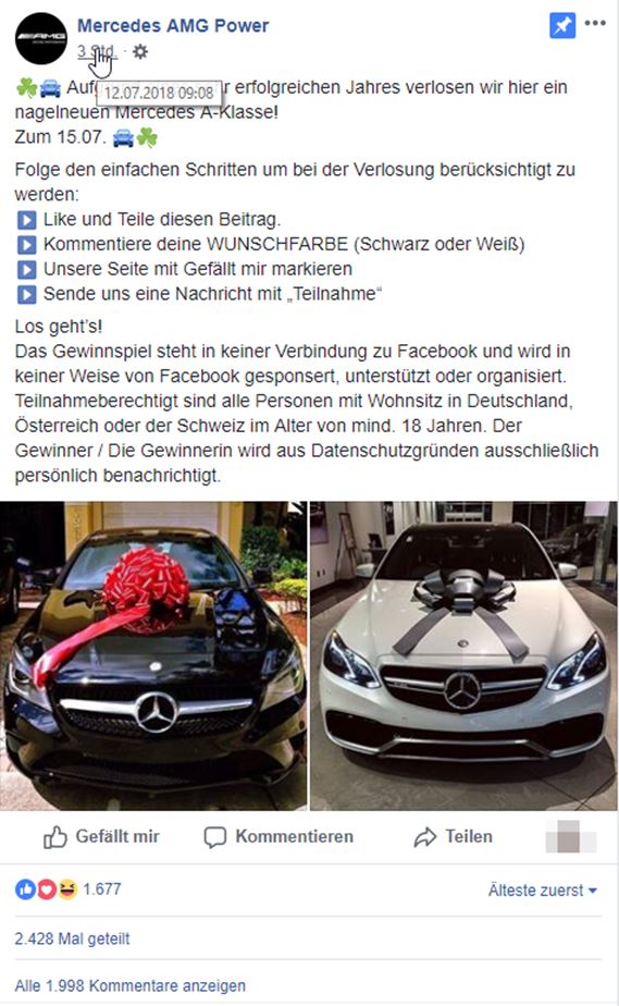 Gewinnspiel auf Facebook mit einem Mercedes als Lockvogel. / Screenshot by mimikama.org