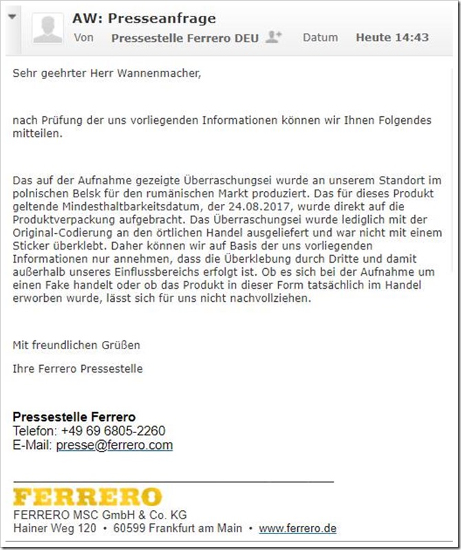 Antwort des Unternehmens Ferrero auf Nachfrage von mimikama. / Screenshot by mimikama.org