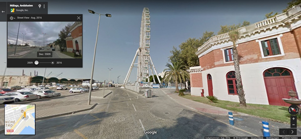 Google-Streetview-Zeitmaschine am Beispiel von Malaga: Hier sind zwei Aufnahmen vorhanden, aus dem Jahr 2009 (ohne Riesenrad) und aus dem Jahr 2016.