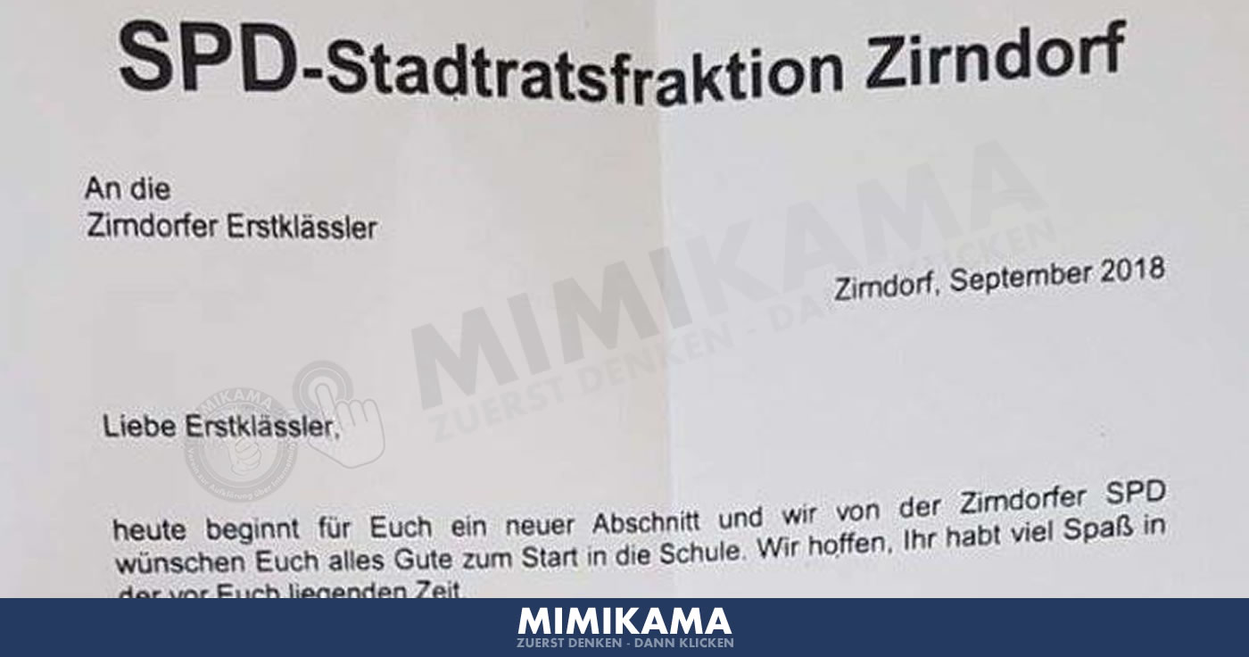 Tatsächlich werden die Erstklässler von der „SPD-Stadtratsfunktion Zirndorf“ (wie im Briefkopf steht) begrüßt