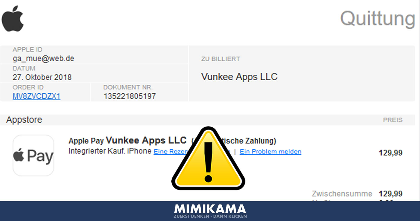 Phishing-Versuch: Quittung für Apple Pay Vunkee Apps LLC
