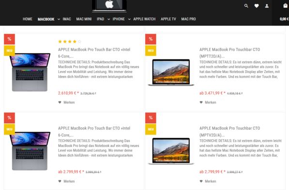 Die Preisgestaltung auf macbooks-billiger.de / Quelle: Watchlist Internet