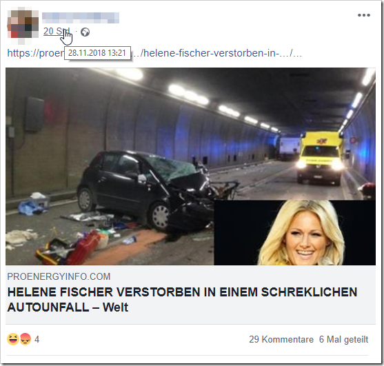 Laut der Webseite "rpoenergyinfo" ist Helene Fischer bei einem Autounfall ums Leben gekommen! Es handelt sich dabei jedoch im sogenannte Fake-News!