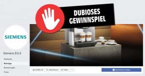 Fake-Gewinnspiel: Hier gibt es keinen Siemens EQ.9 Kaffeevollautomaten zu gewinnen!
