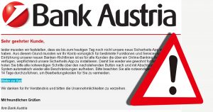 Phishing-Mail der Bank Austria: „Installation der Sicherheits-App“