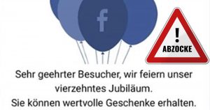 Facebook-Popup-Fake: „Wir feiern unsere vierzehntes Jubiläum“
