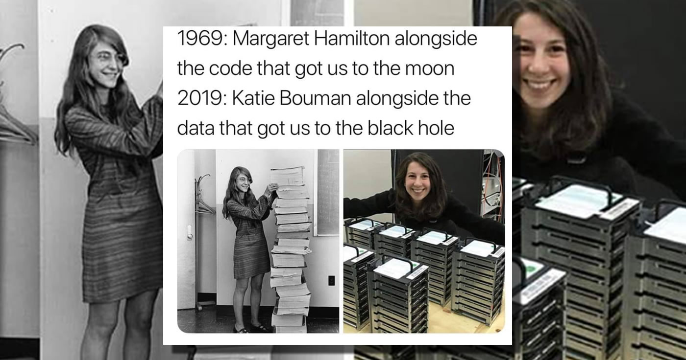 Zwei Fotos, die Frauen mit einer unglaublichen Menge an Daten auf „Datenträgern" ihrer Zeit zeigen.
