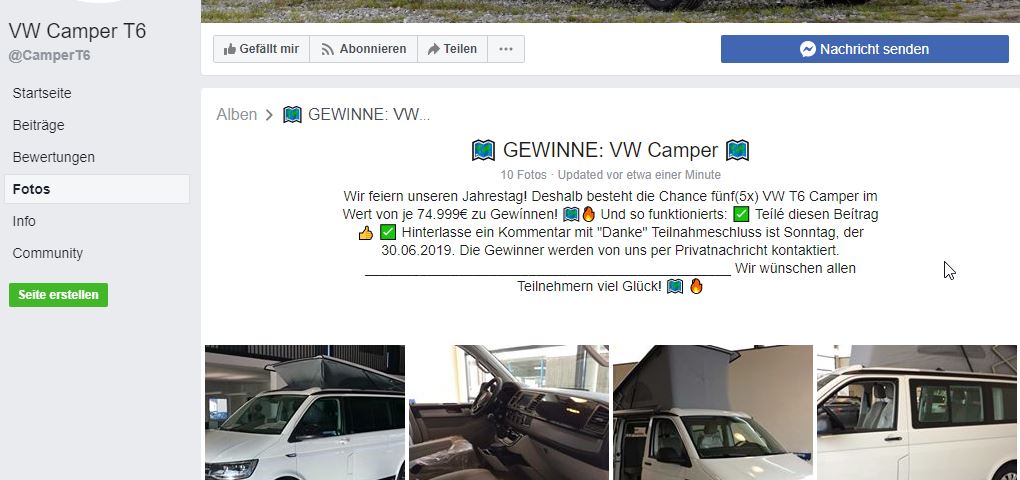 Frisch erstellt - Fake-Gewinnspiel der Seite VW Camper T6 / Screenshot by mimikama.org