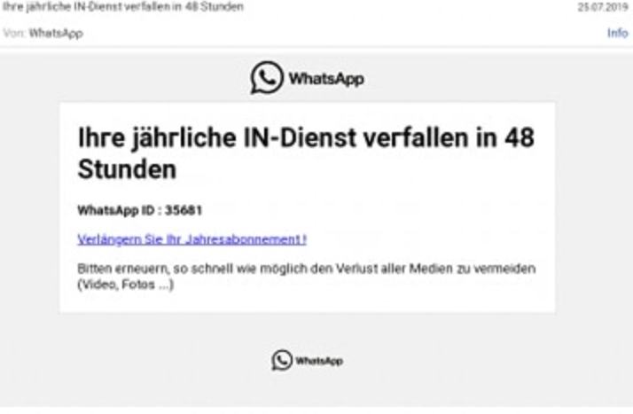In einer Mail wird behauptet, der WhatsApp Dienst endet binnen 48 Stunden.