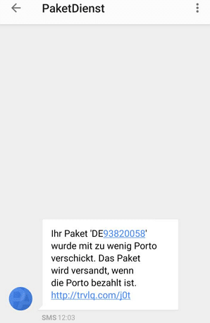 Eine kursierende Fake-SMS von DHL: Paket wurde mit zu wenig Porto verschickt