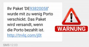 Eine kursierende Fake-SMS von DHL: „Paket wurde mit zu wenig Porto verschickt“
