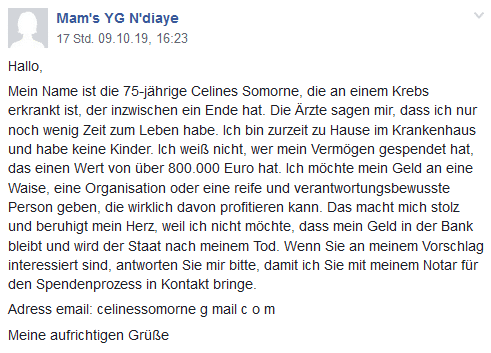 Ein Mitleidsmasche-Beitrag auf Facebook