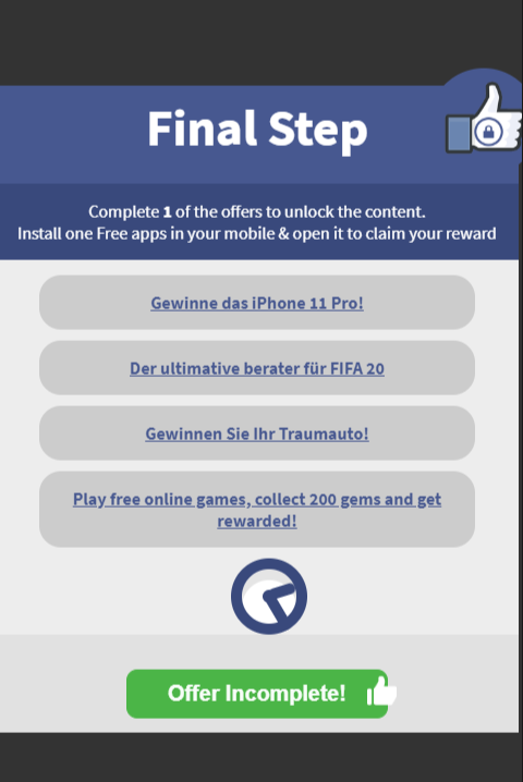 Screenshot: Der Nutzer muss am Ende an unterschiedlichen Gewinnspielen teilnehmen.