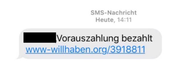 Ein Screenshot einer betrügerischen SMS mit Weiterleitung auf eine gefälschte Willhaben-Website. / Quelle: Watchlist Internet