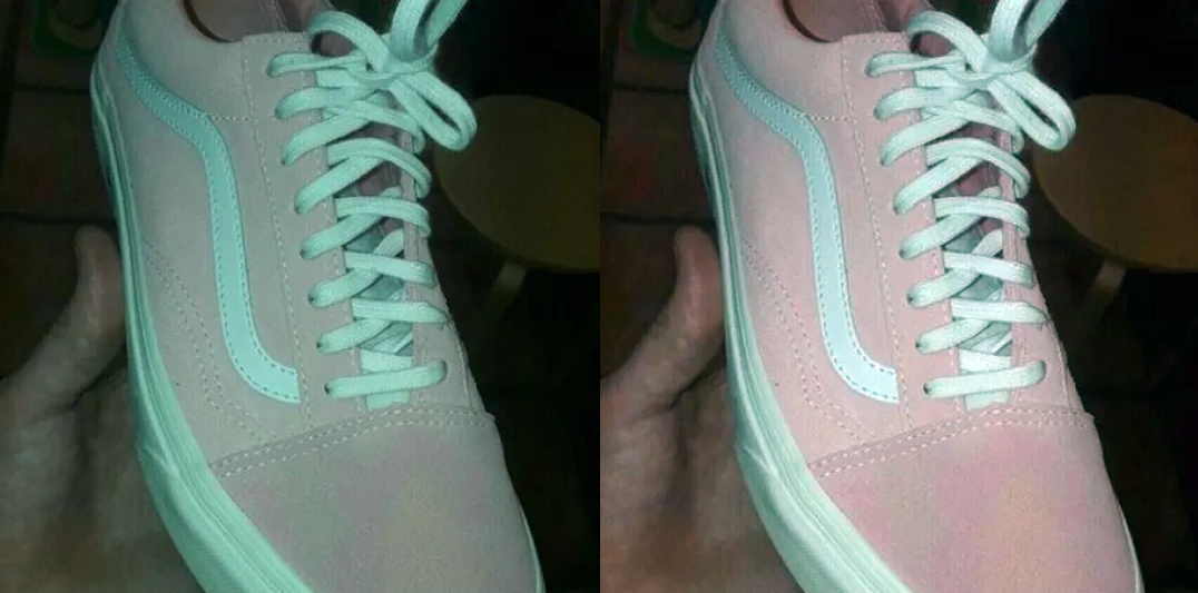 Links: Der Schuh unverändert, Rechts: Der Schuh nach der Farbkorrektur