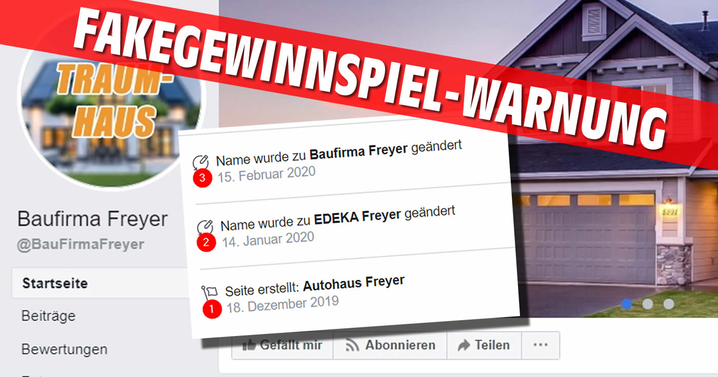 Gefälschte Facebook-Seite "Autohaus-, EDEKA-, Baufirma Freyer"