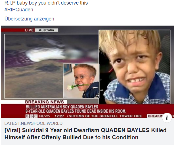 Screenshot Facebook-Post Quaden Bayles beging Selbstmord ©Mimikama