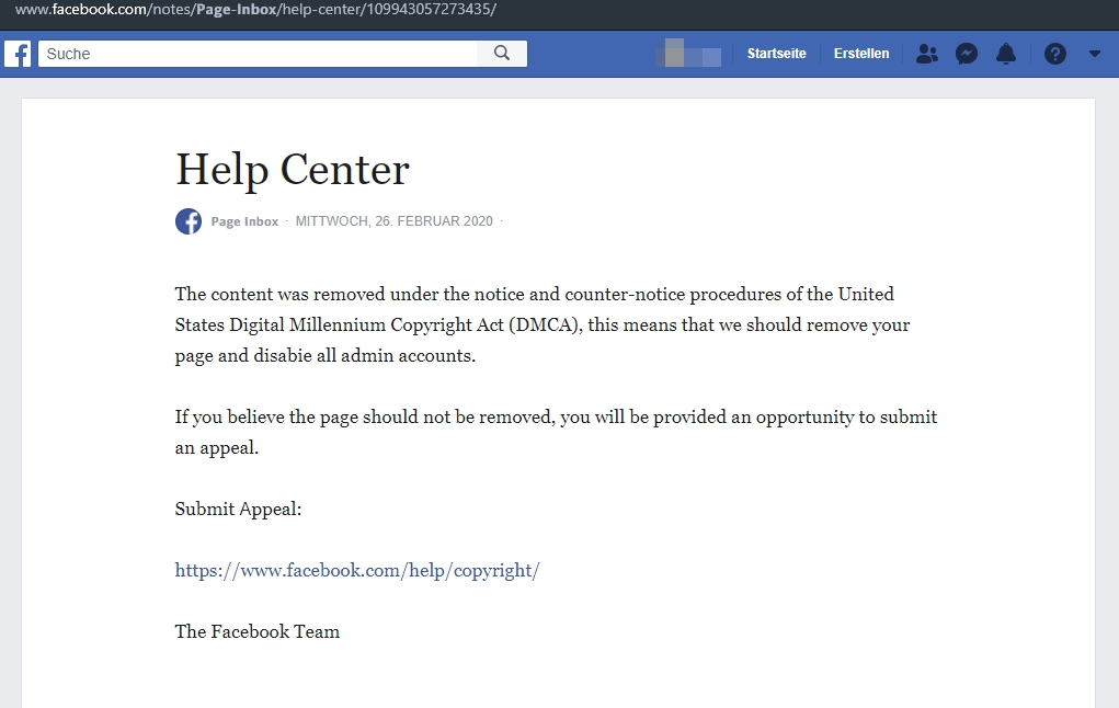 Screenshot der gefälschten "Facebook Help Center" Seite