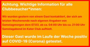 Polizei Berlin: Information zum Club Kater Blau. Ein Gast wurde positiv auf COVID-19 (Corona) getestet.