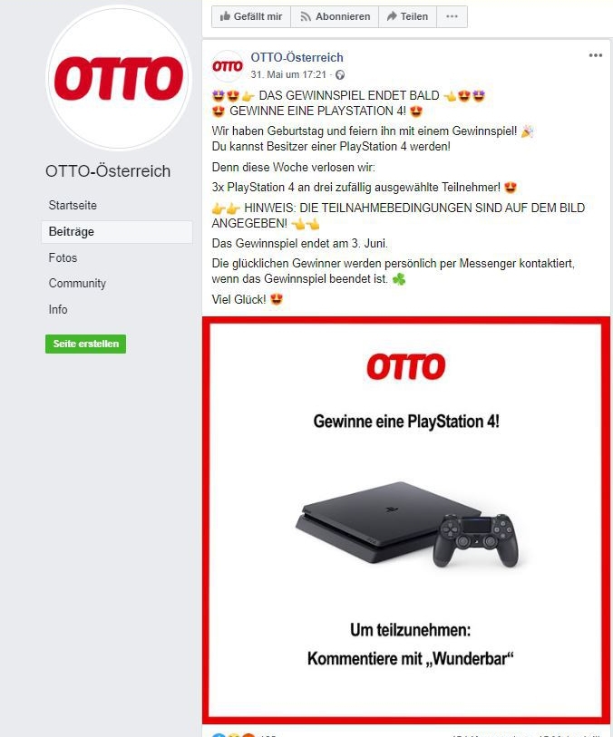 Screenshot der gefälschten OTTO-Facebookseite