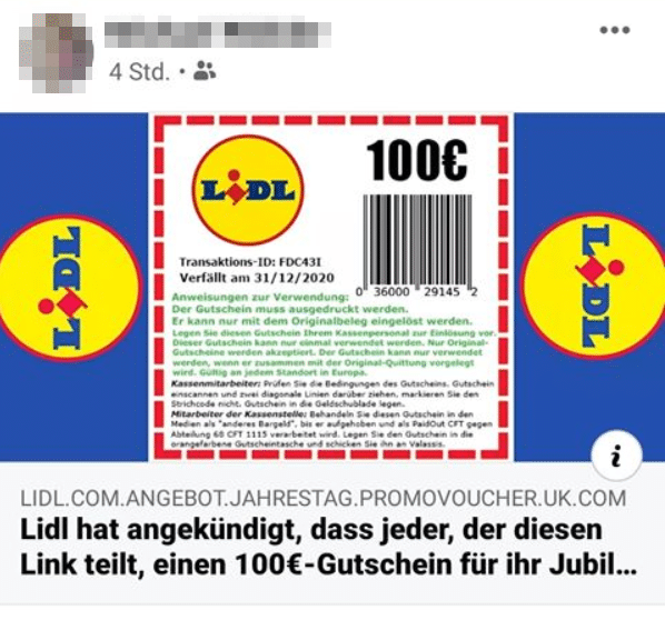 Screenshot des gefälschten LIDL-Gutscheins