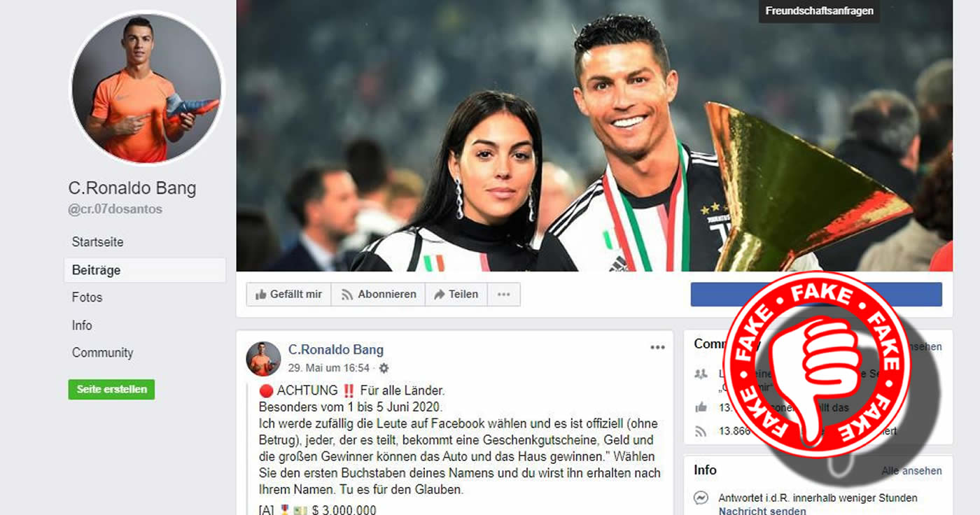 C. Ronaldo verlost keine Millionen auf Facebook!