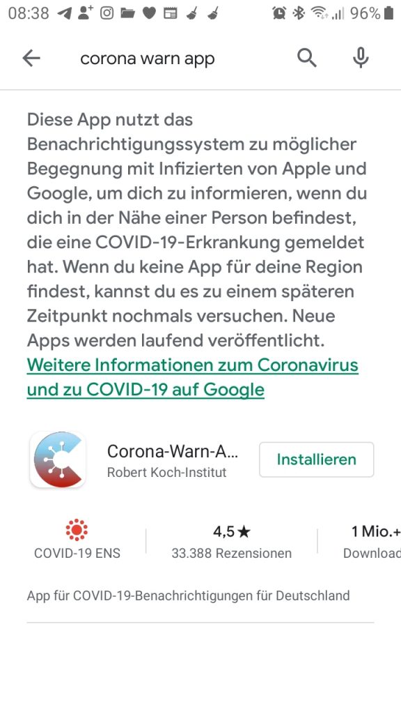 Screenshot Corona-Warn-App Google Play Store ©mimikama