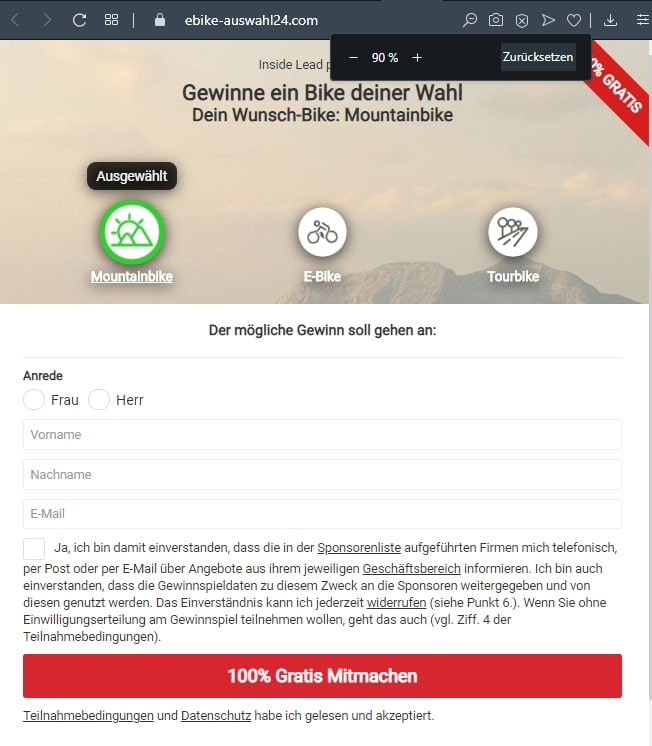 E-Bikes via Facebook gewinnen? Vorsicht vor gefälschten Seiten! (E-Bikes Letschok GmbH) – mimikama.org Screenshot: Gewinnspielformular