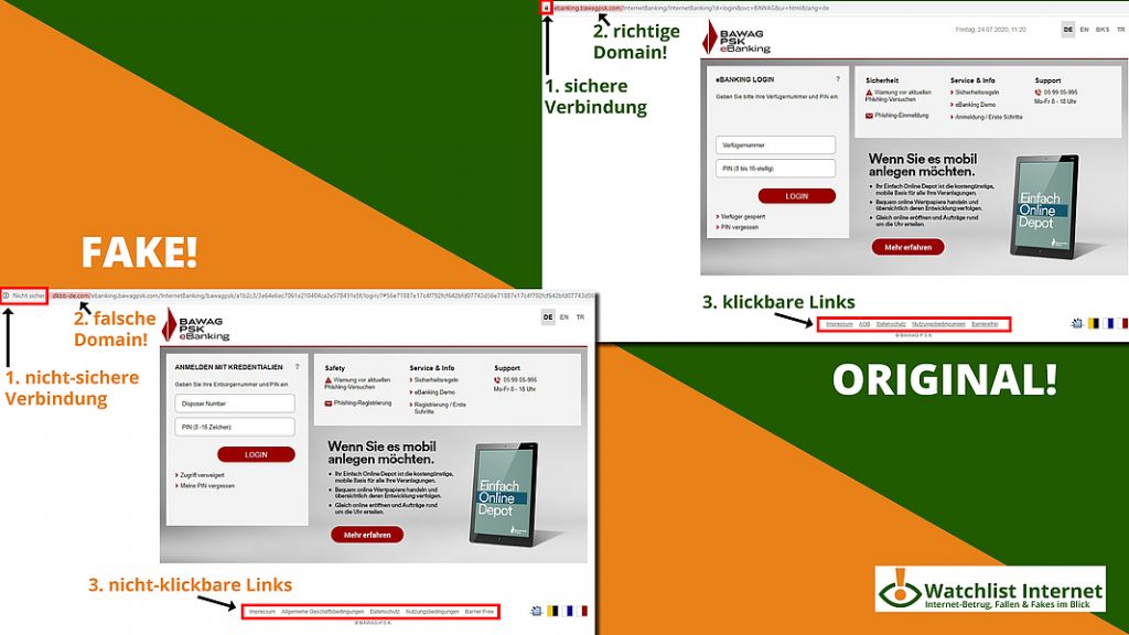 Links unten sehen Sie die betrügerische Webseite, rechts oben die Original-Webseite. / Quelle: Watchlist Internet Links unten sehen Sie die betrügerische Webseite, rechts oben die Original-Webseite. / Quelle: Watchlist Internet