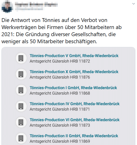 Faktencheck: Die 15 neuen Tochterfirmen von Tönnies – mimikama.org Quelle: Twitter