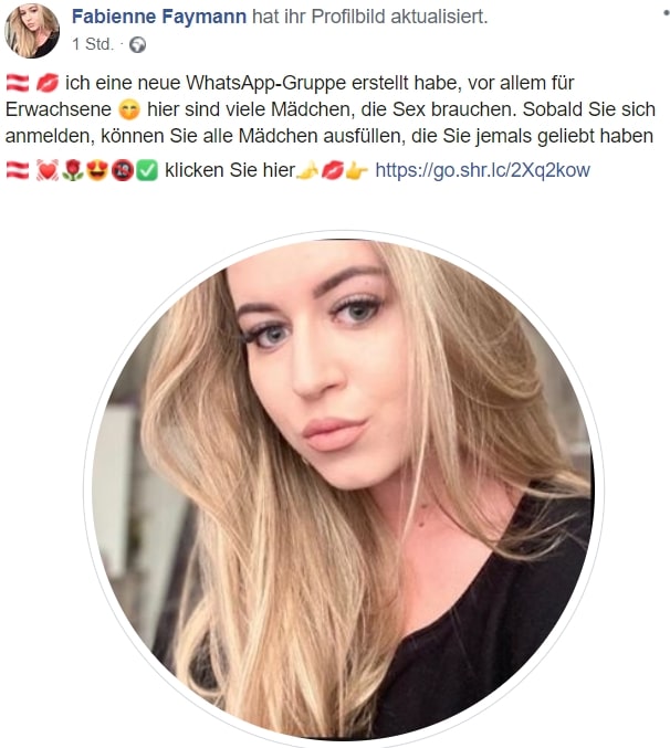 Attraktive Frauen locken Facebooknutzer in eine dubiose WhatsApp-Gruppe – mimikama.org Screenshot: Fake-Facebookprofil