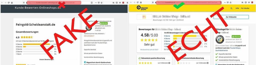 links: Das gefälschte Zertifikat von feingold-scheidanstalt. de; rechts: Beispiel eines echten Trusted Shops-Zertifikates / Quelle: Watchlist Internet links: Das gefälschte Zertifikat von feingold-scheidanstalt. de; rechts: Beispiel eines echten Trusted Shops-Zertifikates / Quelle: Watchlist Internet