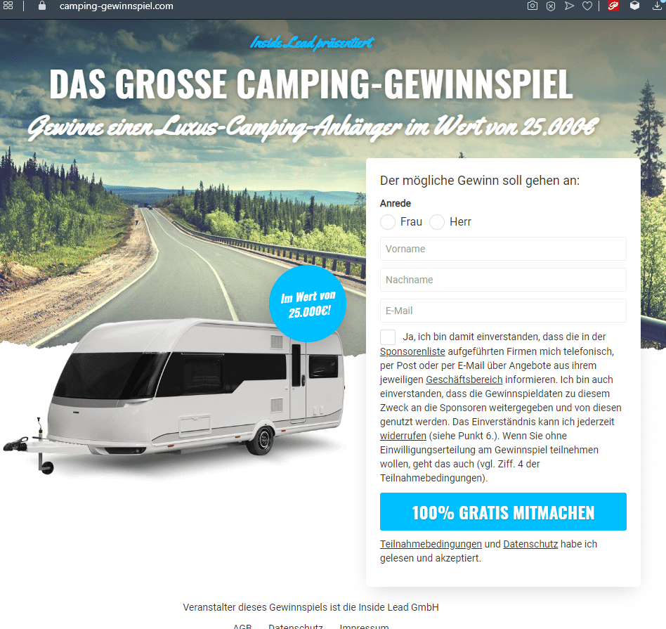 Liebe Caravanfreunde! Echt jetzt? – mimikama.org Screenshot / Gewinnspielformular