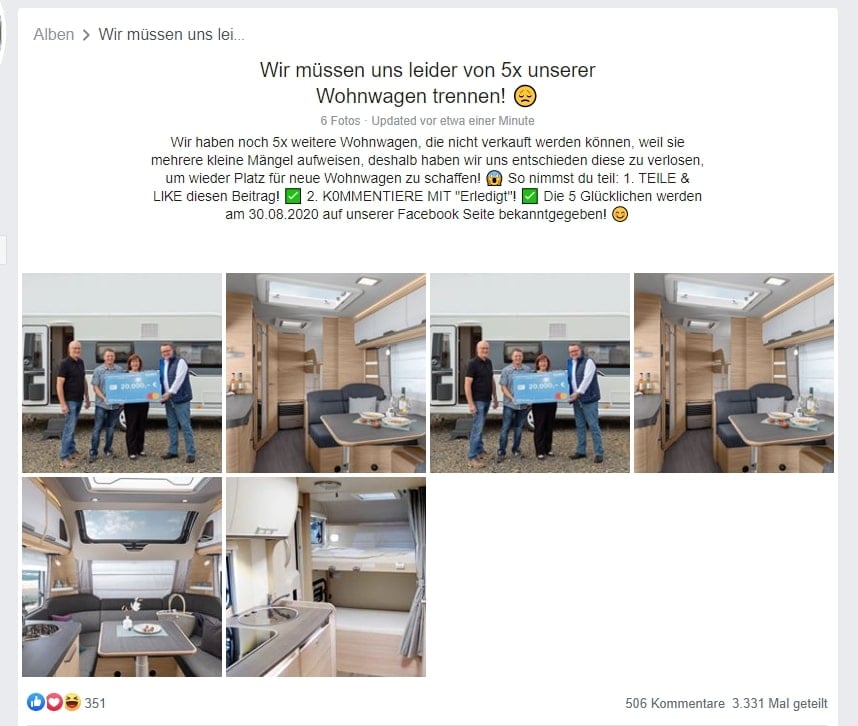 Fake: Wohnwagen Letzschmar GmbH – mimikama.org Screenshot / Facebook