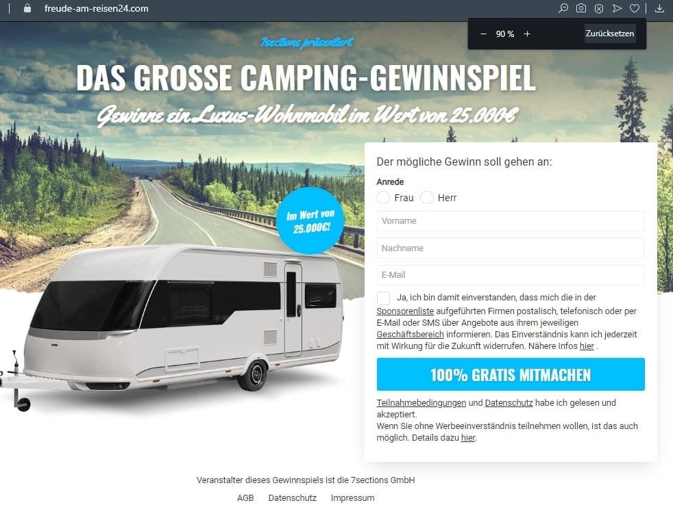 Fake: Wohnwagen Letzschmar GmbH – mimikama.org Screenshot / Gewinnspielformular