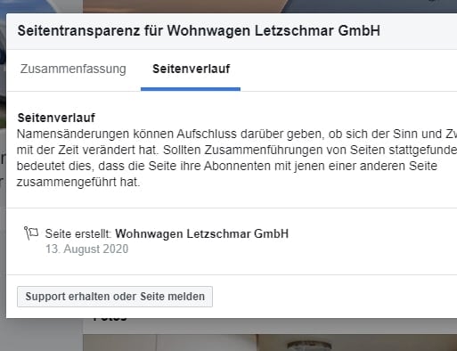 Fake: Wohnwagen Letzschmar GmbH – mimikama.org Screenshot / Facebook