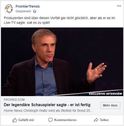 Ein Beispiel zu erfundener Werbung mit Christoph Waltz für einen Investitionsbetrug / Quelle: Watchlist Internet Ein Beispiel zu erfundener Werbung mit Christoph Waltz für einen Investitionsbetrug / Quelle: Watchlist Internet