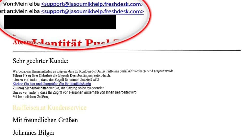 Auch im Namen von Raiffeisen (Mein Elba) werden immer wieder Nachrichten verschickt, um an die Konto-Zugangsdaten zu kommen. / Quelle: Watchlist Internet Auch im Namen von Raiffeisen (Mein Elba) werden immer wieder Nachrichten verschickt, um an die Konto-Zugangsdaten zu kommen. / Quelle: Watchlist Internet